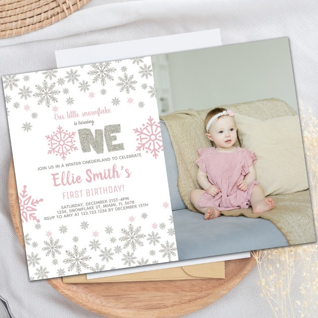 Invitation Parties scintillant rose Hiver ONE derland Anniver (Pink Photo Glitter Winter ONEderland Birthday Invitation)