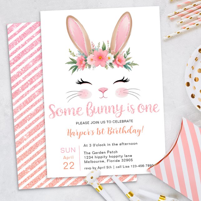 Invitation Parties scintillant rose Lapin Floral Premier Anni (Some Bunny is One Birthday Invite)
