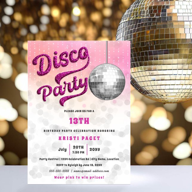 Invitation Parties scintillant rose Look Disco Fête Anniversa (Fun pink glitter disco party invitation.)