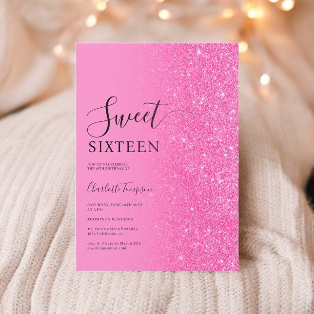 Invitation Parties scintillant rose luxueuse moderne Neon Swe (Modern Luxurious Pink Glitter Neon Sweet 16 Invitation)