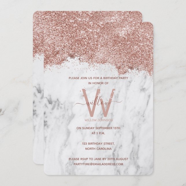 Invitation Parties scintillant rose Marbre blanc or Toute ann (Devant / Derrière)