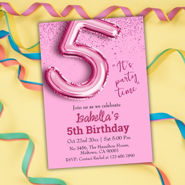 Invitation Parties scintillant rose mignon ballon no.5 girly  (Créateur téléchargé)