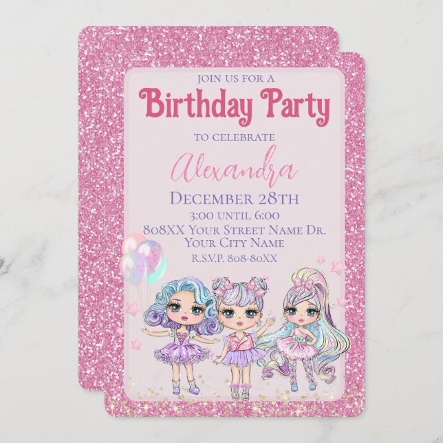 Invitation Parties scintillant rose mignonne Poupées Fête d'a (Devant / Derrière)