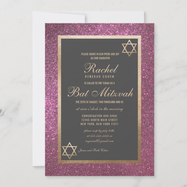 Invitation Parties scintillant rose moderne Bat mitzvah front (Devant)
