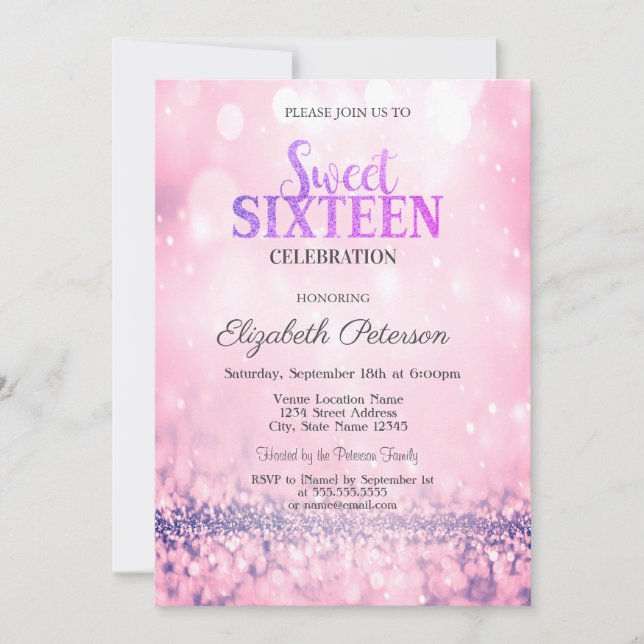 Invitation Parties scintillant rose moderne Bokeh Sweet 16 (Devant)