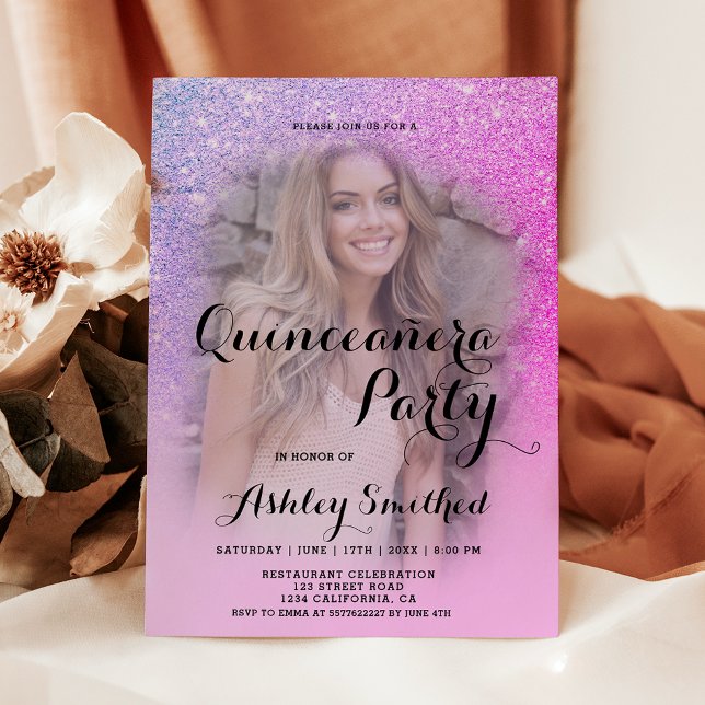 Invitation Parties scintillant rose moderne ombre photo Quinc (Modern pink glitter ombre photo Quinceañera Invitation)