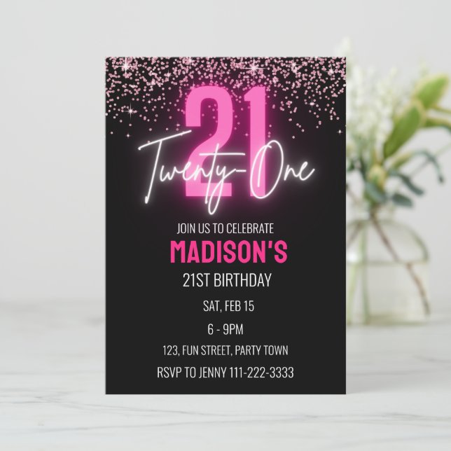Invitation Parties scintillant rose Neon 21ème anniversaire f (Debout devant)