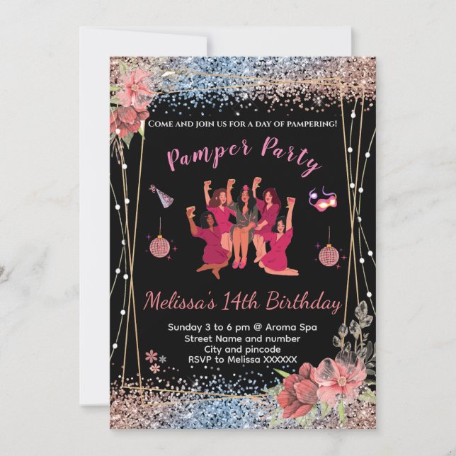 Invitation Parties scintillant rose/noir ados filles Pamper i (Devant)
