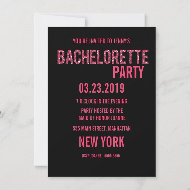 Invitation Parties scintillant rose noir Glitz Typographie Ba (Devant)