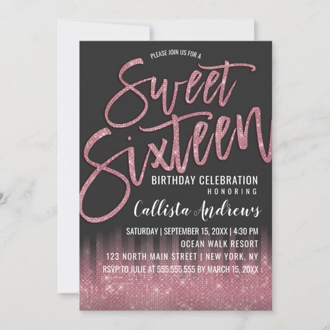 Invitation Parties scintillant rose noir moderne Typographie  (Devant)