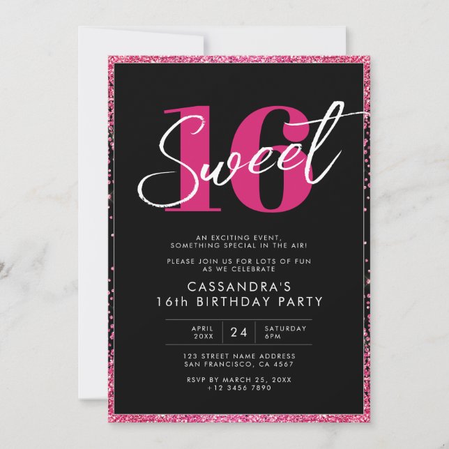 Invitation Parties scintillant rose noire Sweet sixteen Glam  (Devant)