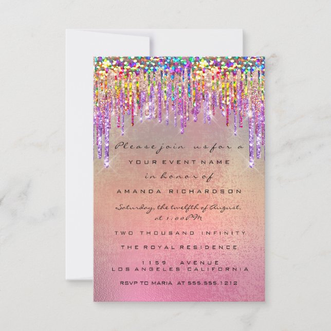 Invitation Parties scintillant  Rose nuptiale 16e Rainbow lic (Devant)