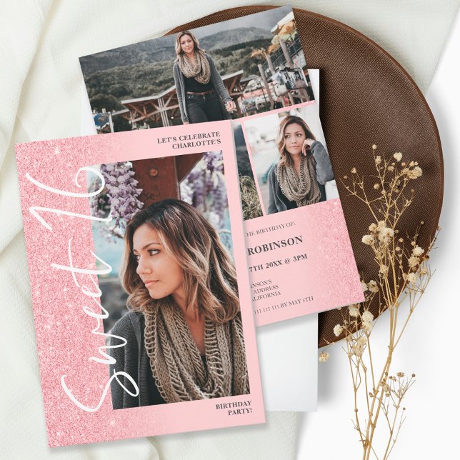 Invitation Parties scintillant rose ombre script 4 photos Swe (Créateur téléchargé)