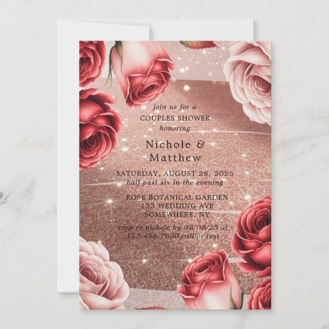 Invitation Parties scintillant rose or avec Red Roses Couples (Devant)