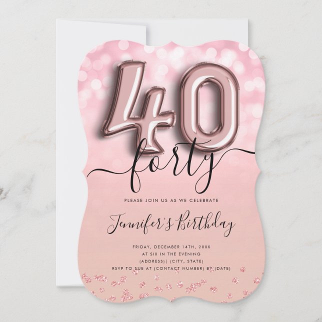 Invitation Parties scintillant rose or ballon 40e anniversair (Devant)
