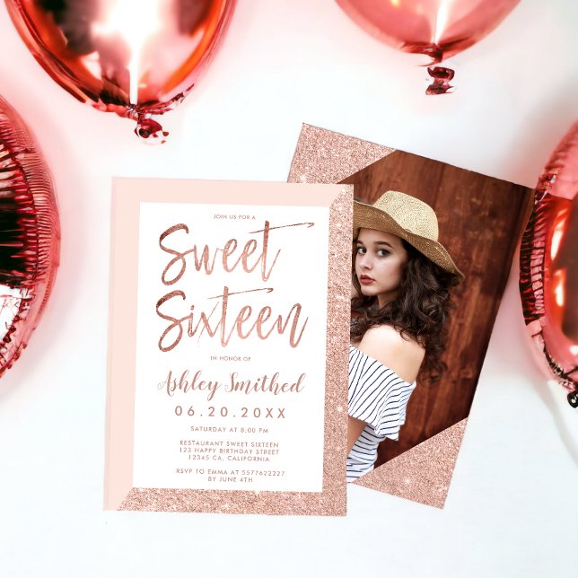 Invitation parties scintillant rose or bleu rose  photo sweet (Rose gold glitter blush pink photo sweet sixteen invitation)