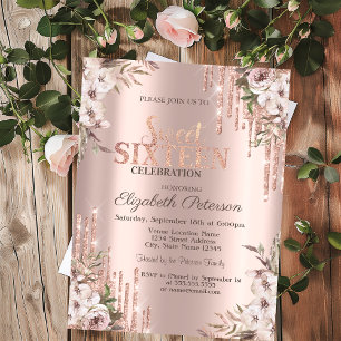 Invitation Parties scintillant Rose or Boho Fleurs Sweet 16