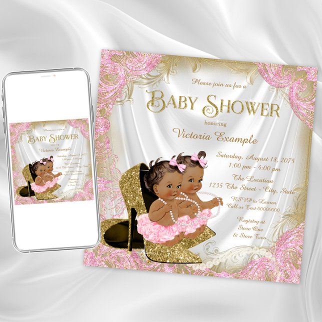 Invitation Parties scintillant rose or Chaussure Twin Baby sh (Pink gold twin girl baby shower invitation. Instant download and printed invitations available.)