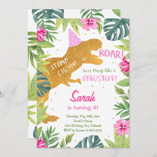Invitation Parties scintillant rose or Dinosaur filles Invita