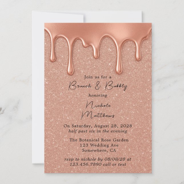 Invitation Parties scintillant rose or et gouttes Brunch & Bu (Devant)