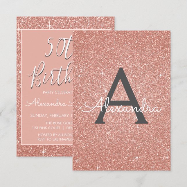 Invitation Parties scintillant rose or rose étincelle 50e ann (Devant / Derrière)