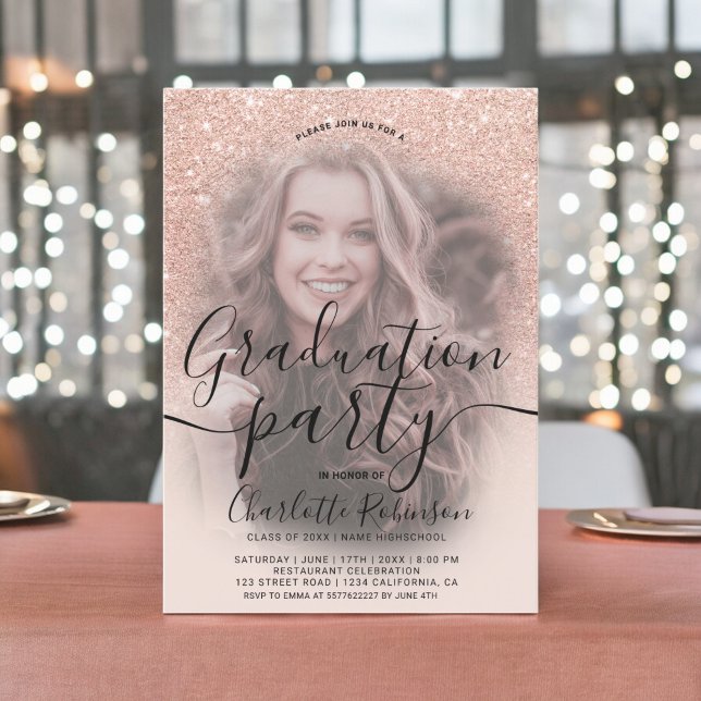 Invitation parties scintillant rose or rose ombre 3 photos gr (Rose gold glitter pink ombre 3 photos graduation invitation)