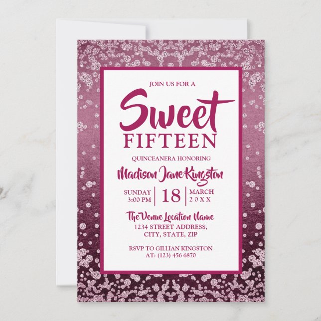 Invitation Parties scintillant rose or rose Quinceanera Sweet (Devant)