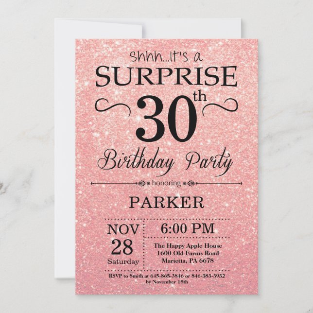 Invitation Parties scintillant rose or rose Surprise 30e anni (Devant)