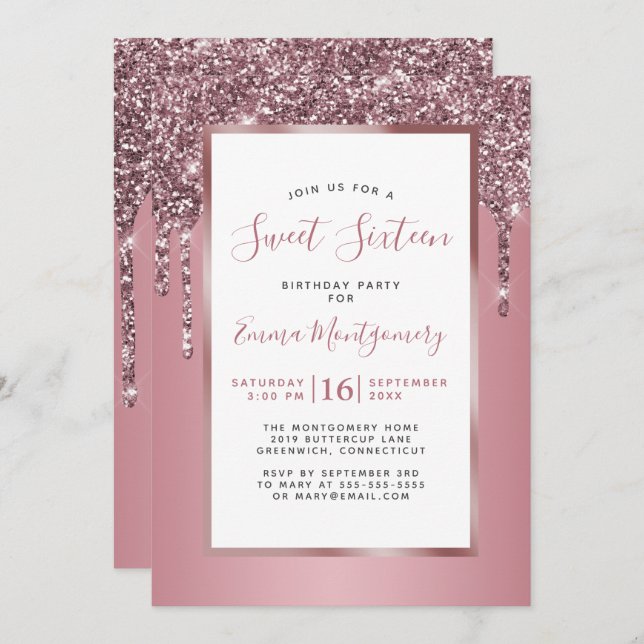 Invitation Parties scintillant rose or rose Sweet 16 Annivers (Devant / Derrière)
