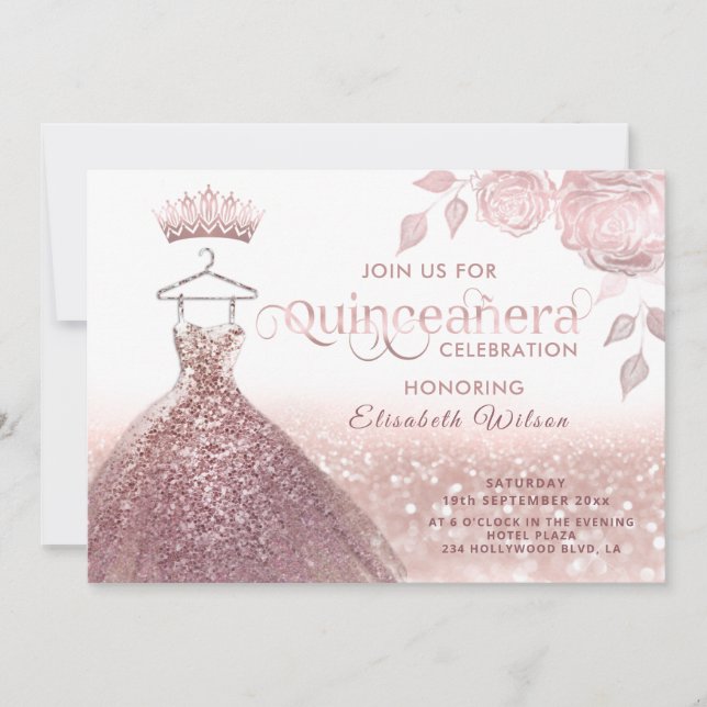 Invitation parties scintillant rose paillettes robe or rose Q (Devant)