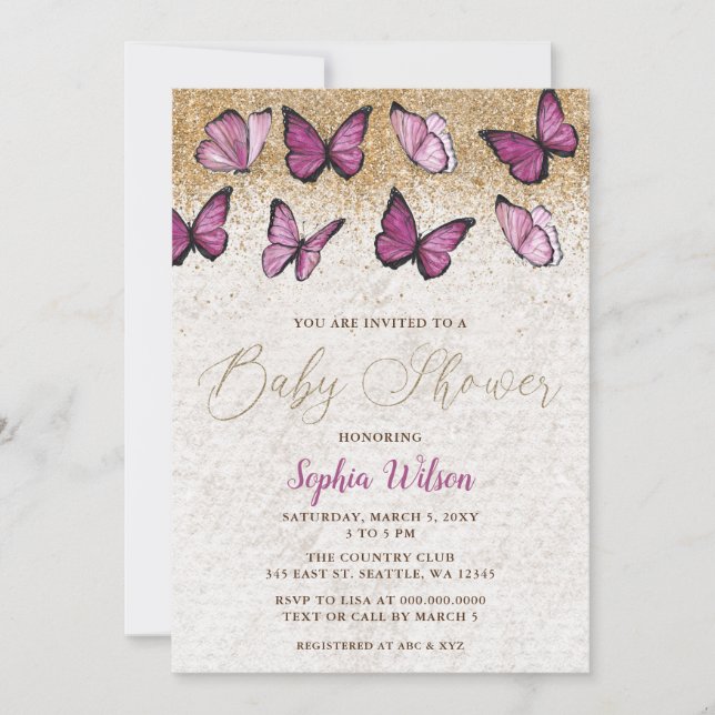 Invitation Parties scintillant rose  papillon Baby shower (Devant)