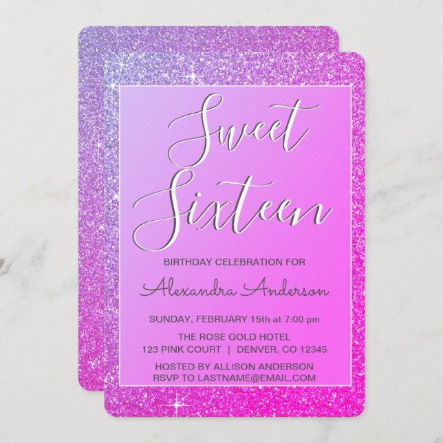 Invitation Parties scintillant rose pourpre Sweet sixteen Ann (Devant / Derrière)