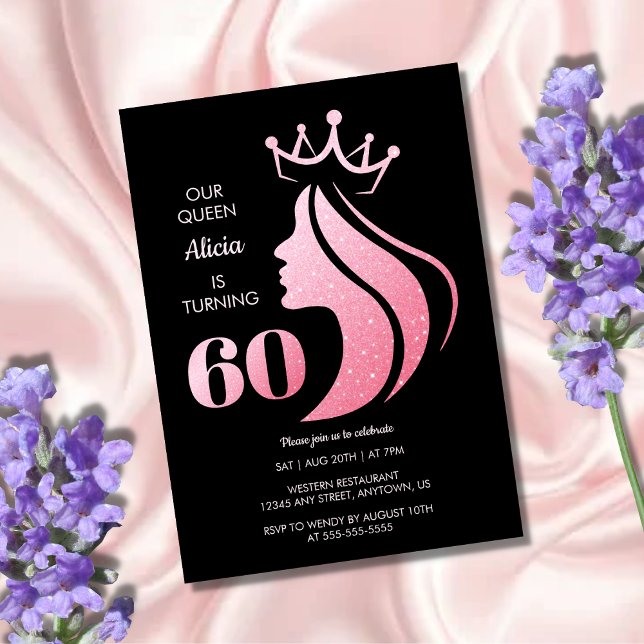 Invitation Parties scintillant rose Queen Crown Noir 60e anni (Créateur téléchargé)