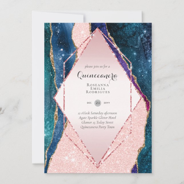 Invitation Parties scintillant Rose QUINCEANERA - AGATE Rose  (Devant)