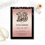 Invitation Parties scintillant rose Rose moderne Sweet sixtee<br><div class="desc">Sweet sixteen en feuille d'or faux rose moderne 16 invitations de fête d'anniversaire pour cet adolescent spécial. Arrière - plan noir aux teintes rose rose. Personnalisez en ajoutant des informations sur le nom et la partie.</div>