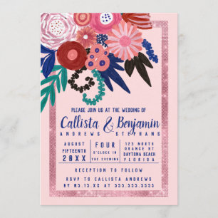 Invitation Parties scintillant rose rouge  florale Acrylique