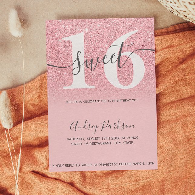 Invitation Parties scintillant rose scintille ombre clignotan (Pink glitter sparkles ombre girly script Sweet 16 Invitation)