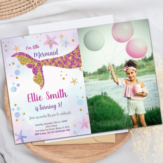 Invitation Parties scintillant rose Sirène Anniversaire Invit (Pink Glitter Mermaid Invitations with photo)