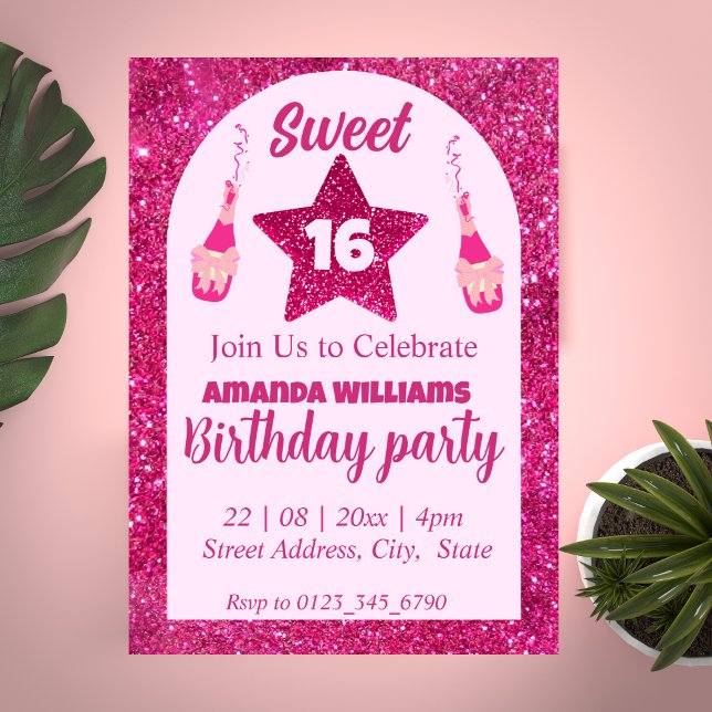 Invitation Parties scintillant rose sucré 16 Anniversaire Inv (Créateur téléchargé)