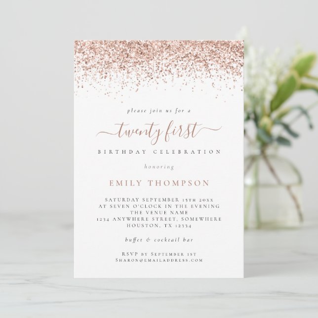 Invitation Parties scintillant Rose tendance Script 21e fête  (Debout devant)