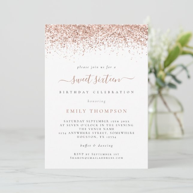 Invitation Parties scintillant Rose tendance Sweet 16 Anniver (Debout devant)
