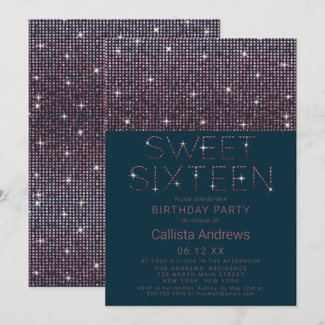 Invitation Parties scintillant rose Turquoise de luxe Sequins (Devant / Derrière)