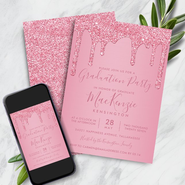 Invitation Parties scintillant rose vif Étincelle Déclenche d (Blush Pink Sparkle Glitter Drips Graduation Party Invitation with Instant Download)
