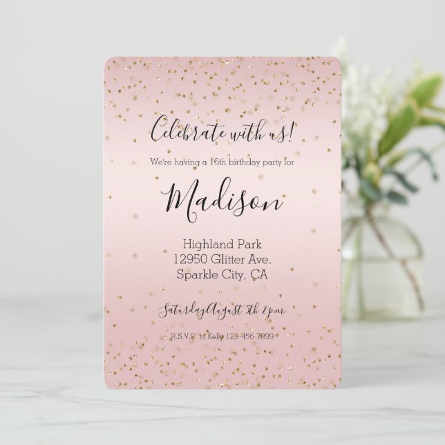 Invitation Parties scintillant rose vif Love Gold Confetti (Debout devant)