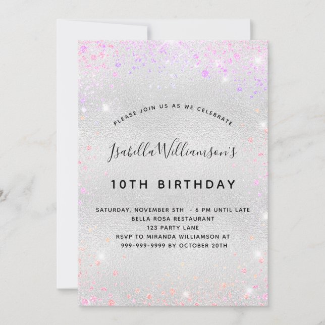 Invitation Parties scintillant rose violet argenté (Devant)