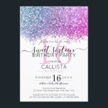 Invitation Parties scintillant rose violet bleu moderne Confe<br><div class="desc">L'invitation élégante, glamour et moderne à la fête d'anniversaire de sweet sixteen est parfaite pour la jeune adolescente contemporaine et élégante. Il présente un bloc de couleur pointu à la parties scintillant rose, violet et bleu étincelant imitation sur le dessus d'un simple arrière - plan blanc avec un grand numéro...</div>