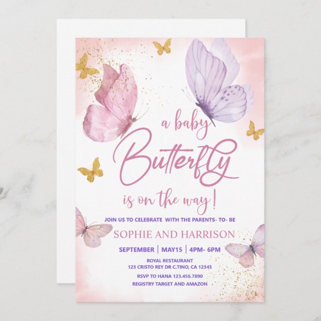 Invitation Parties scintillant rose violet  papillon Baby sho (Devant / Derrière)
