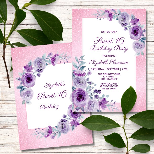 Invitation Parties scintillant rose violet Roses Floral 16e a (Créateur téléchargé)