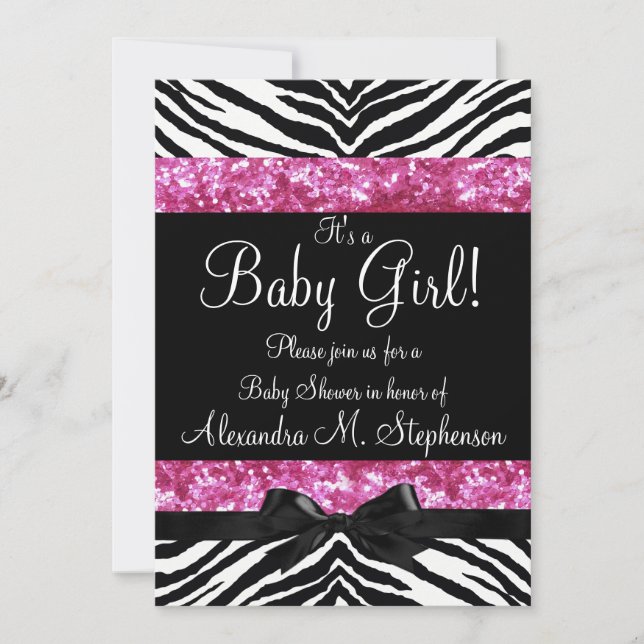 Invitation Parties scintillant rose Zebra Bow Baby shower fil (Devant)