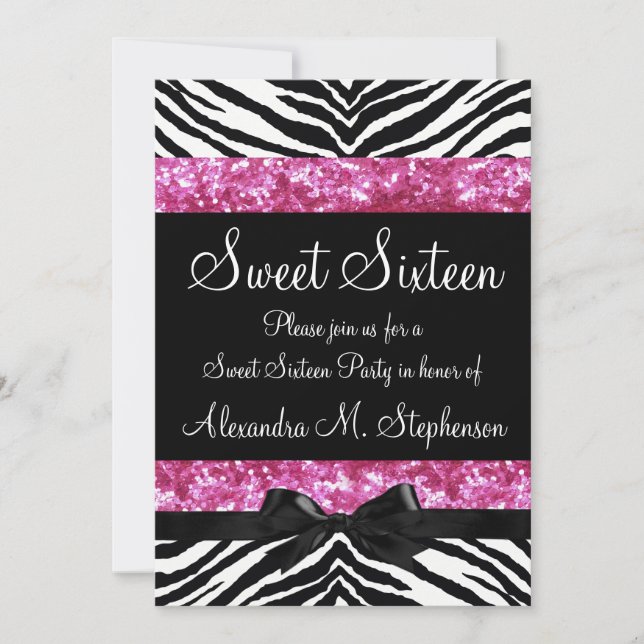 Invitation Parties scintillant rose Zebra Bow Sweet sixteen (Devant)